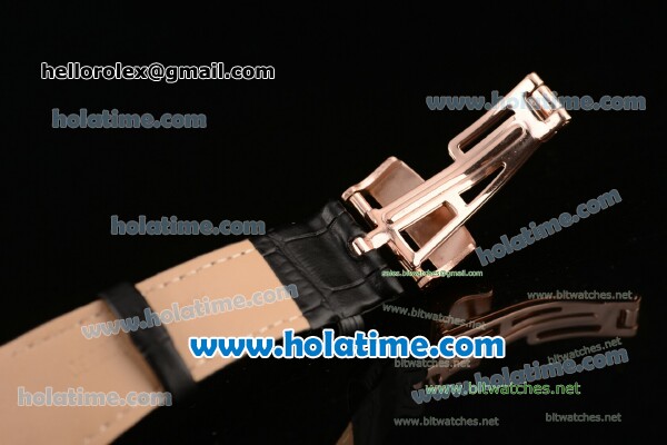 Audemars Piguet Royal Oak Chrono Miyota OS20 Quartz Rose Gold Case with Black Leather Bracelet Black Dial and Diamond Bezel - 7750 Coating - Click Image to Close